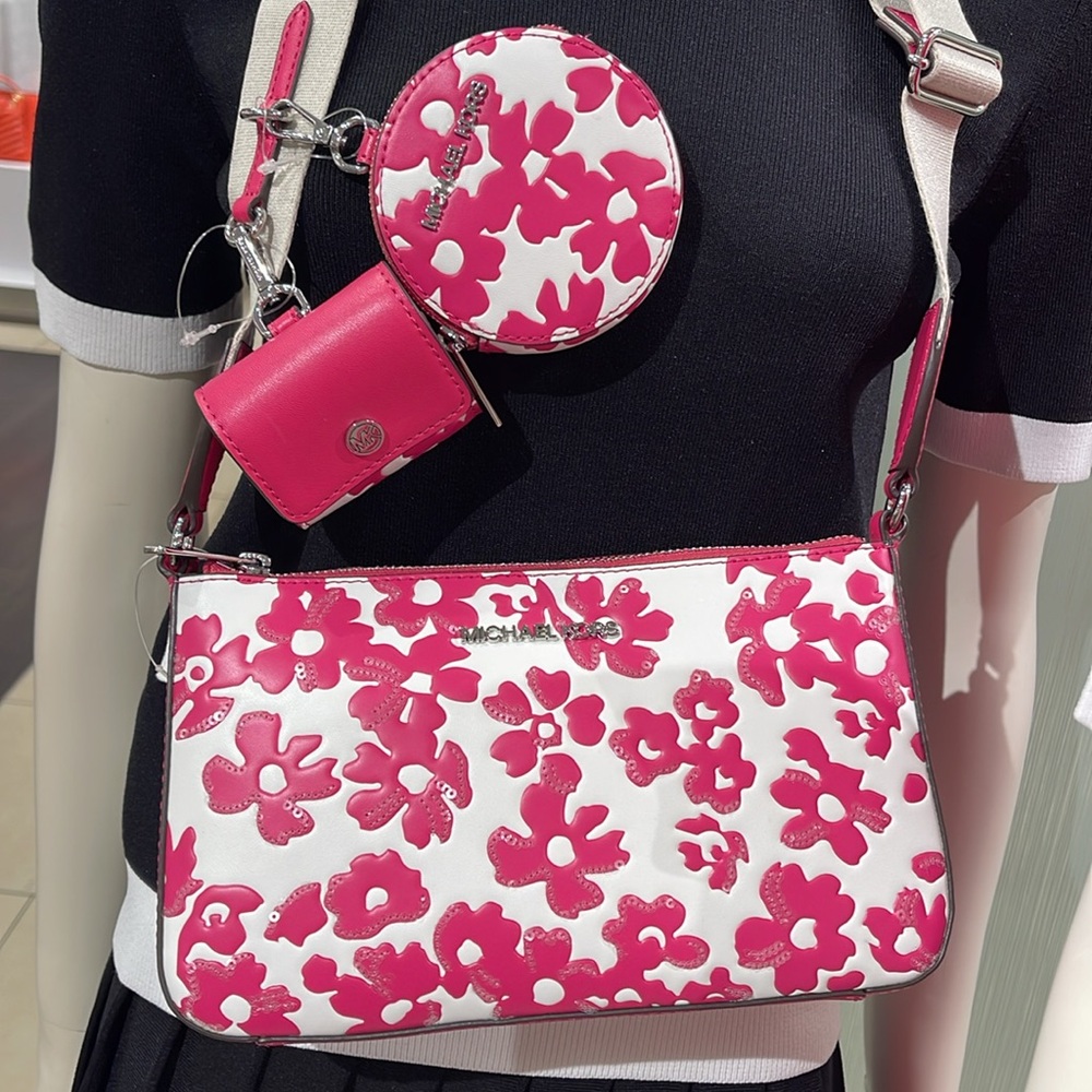 Michael Kors Jet Set Sm Sequined Floral Print Crossbody Case for Apple Airpods - Picture 13 of 16